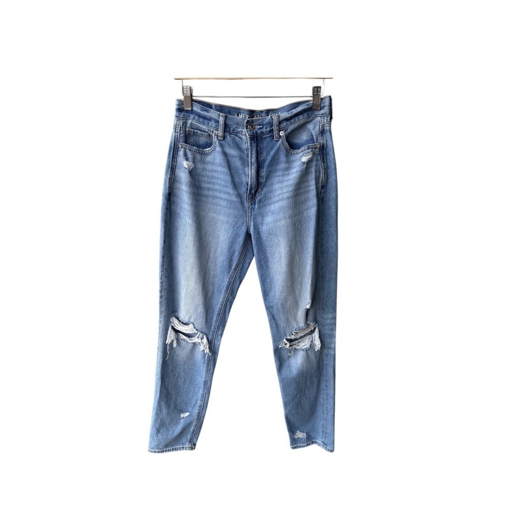American Eagle Mom Jean Medium Wash Denim Distressed Ripped High Rise Size 4